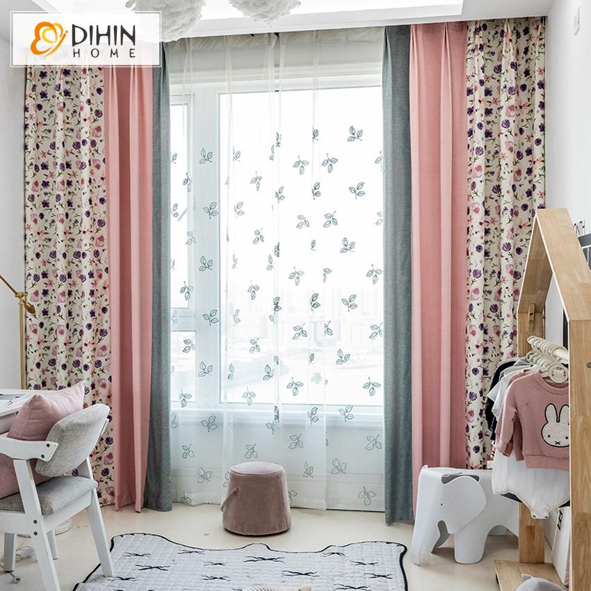 DIHINHOME Home Textile Pastoral Curtain DIHIN HOME Garden Grey and Pink Floral Printed,Blackout Grommet Window Curtain for Living Room ,52x63-inch,1 Panel