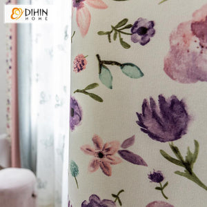 DIHINHOME Home Textile Pastoral Curtain DIHIN HOME Garden Grey and Pink Floral Printed,Blackout Grommet Window Curtain for Living Room ,52x63-inch,1 Panel