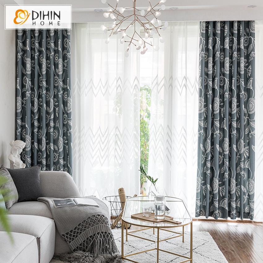 DIHIN HOME Garden Grey Color Printed Curtains ,Blackout Grommet Window Curtain for Living Room ,52x63-inch,1 Panel