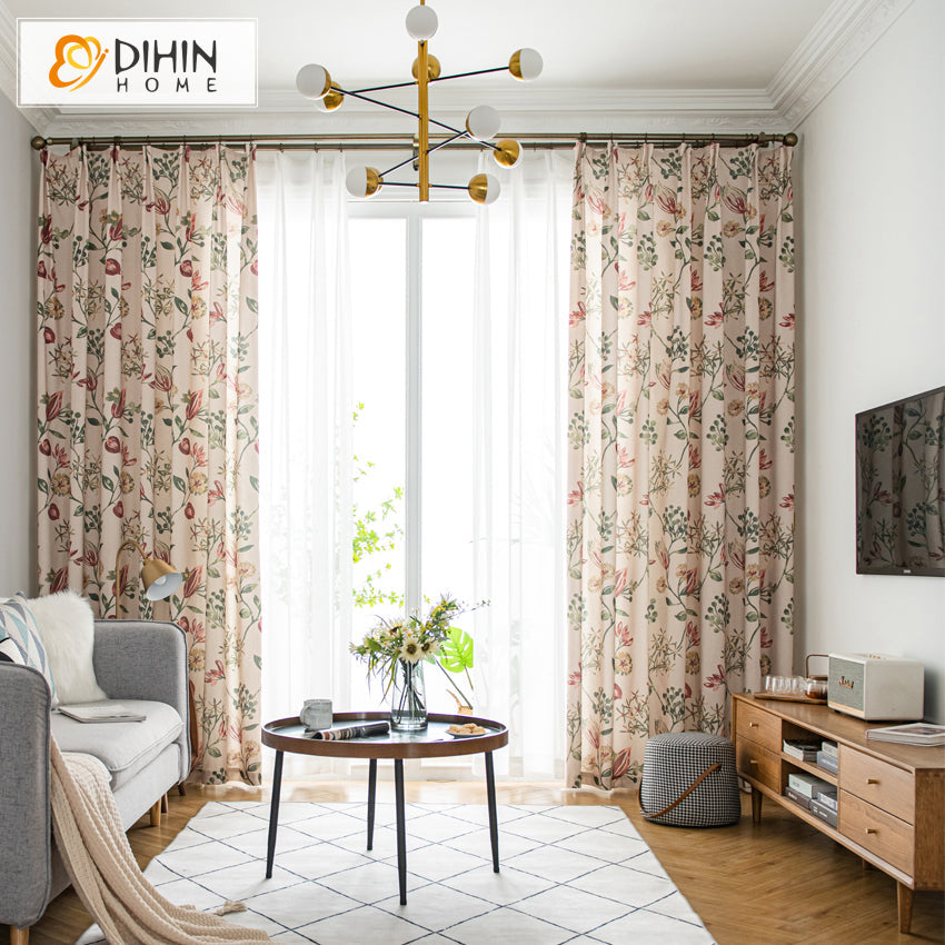 DIHINHOME Home Textile Pastoral Curtain DIHIN HOME Garden Leaves and Flowers Printed Curtains,Blackout Grommet Window Curtain for Living Room ,52x63-inch,1 Panel