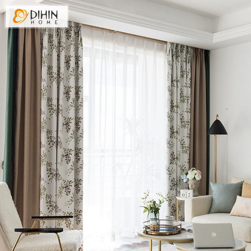 DIHINHOME Home Textile Pastoral Curtain DIHIN HOME Garden Leaves Printed Spliced Curtains，Blackout Grommet Window Curtain for Living Room ,52x63-inch,1 Panel