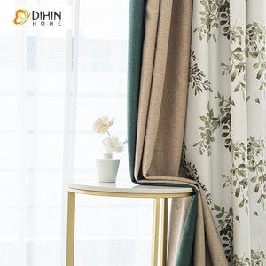 DIHINHOME Home Textile Pastoral Curtain DIHIN HOME Garden Leaves Printed Spliced Curtains，Blackout Grommet Window Curtain for Living Room ,52x63-inch,1 Panel