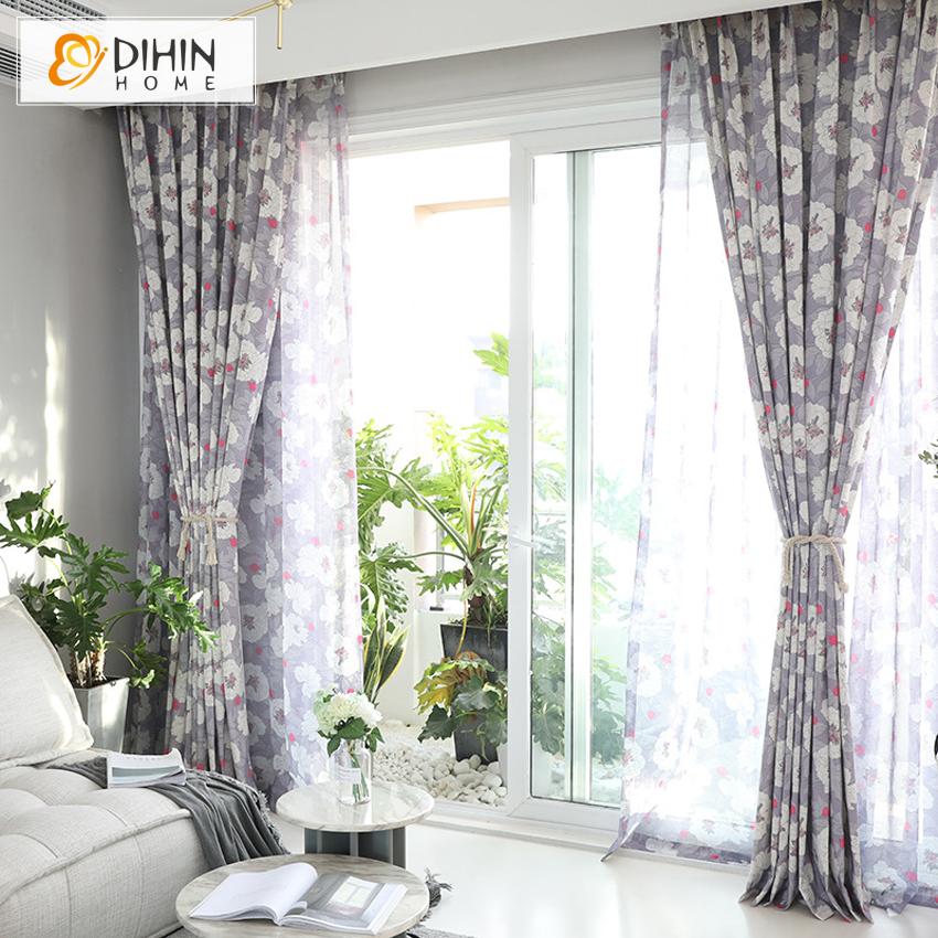 DIHIN HOME Garden Light Purple High Quality Cotton Linen Printing Curtain,Blackout Curtains Grommet Window Curtain for Living Room ,52x84-inch,1 Panel