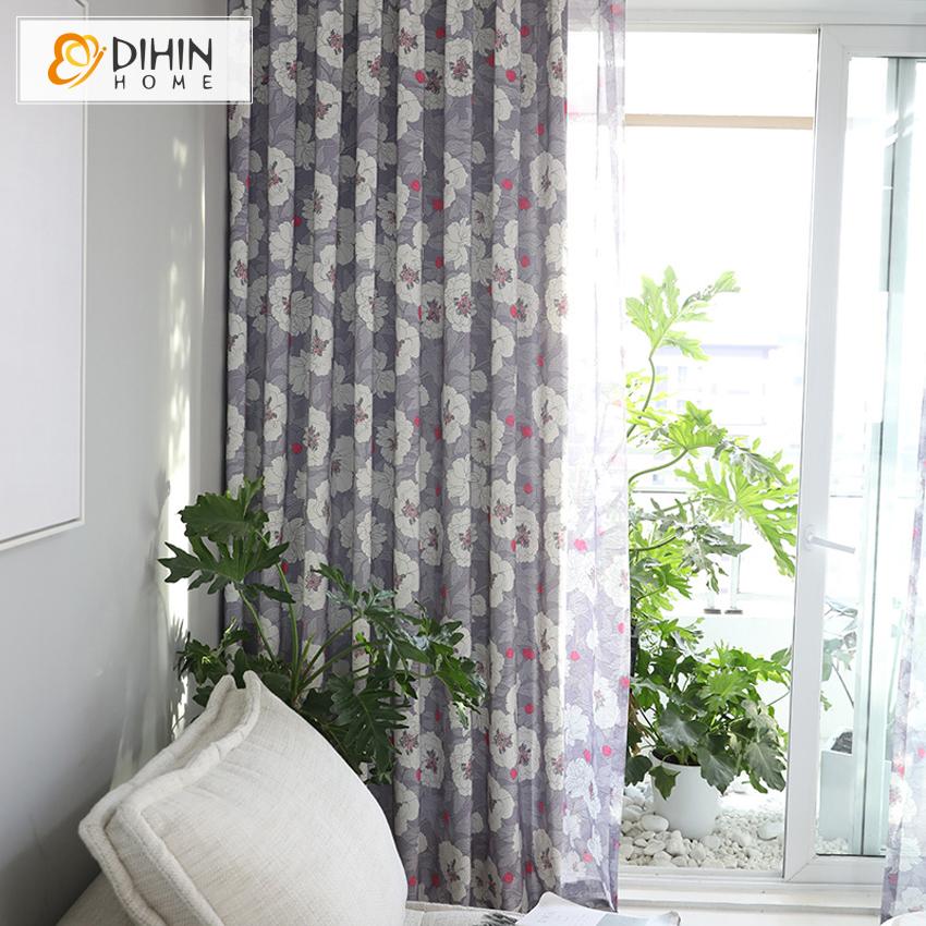 DIHIN HOME Garden Light Purple High Quality Cotton Linen Printing Curtain,Blackout Curtains Grommet Window Curtain for Living Room ,52x84-inch,1 Panel