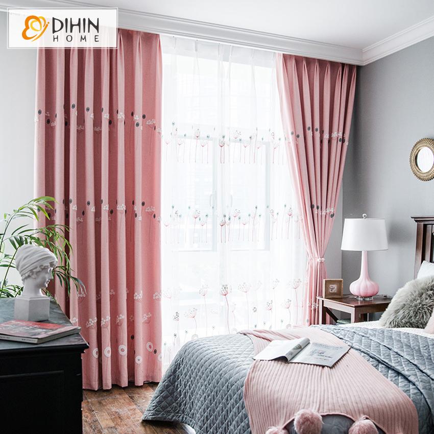 DIHIN HOME Garden Pink Color Embroidered Curtain,Blackout Curtains Grommet Window Curtain for Living Room ,52x63-inch,1 Panel