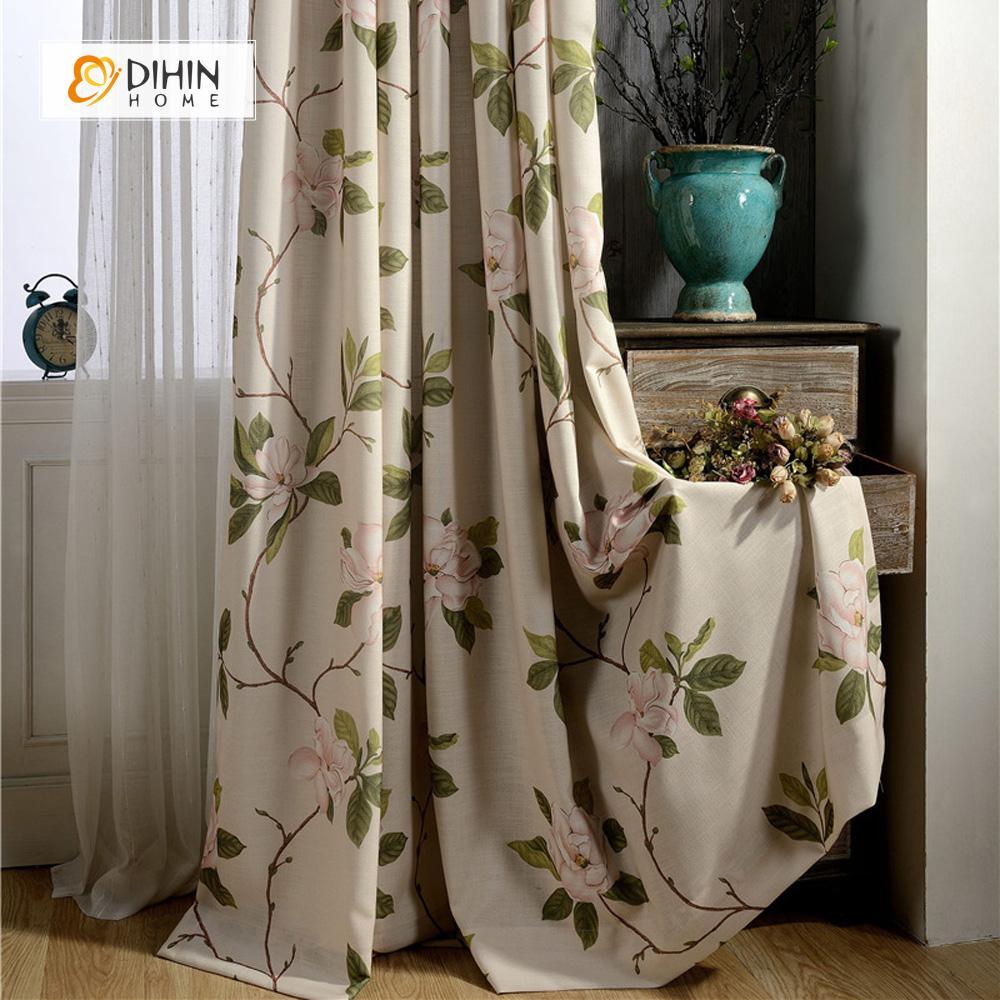 DIHINHOME Home Textile Pastoral Curtain DIHIN HOME Garden Printed Curtain ,Cotton Linen ,Blackout Grommet Window Curtain for Living Room ,52x63-inch,1 Panel