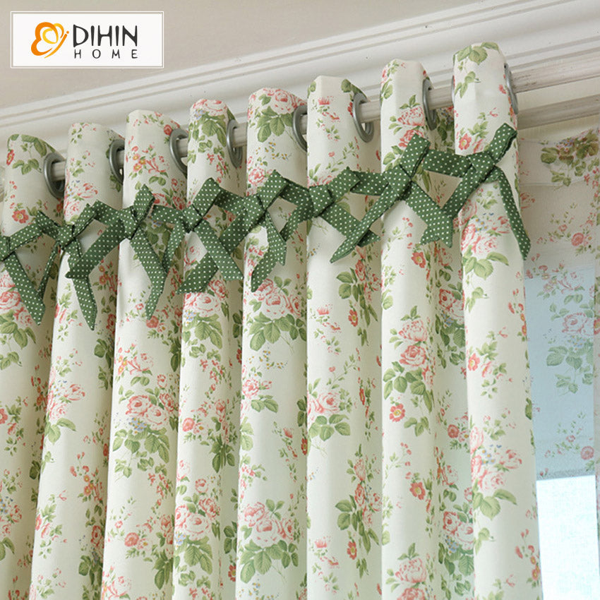 DIHINHOME Home Textile Pastoral Curtain DIHIN HOME Garden Small Flowers Cotton Linen Printed,Blackout Grommet Window Curtain for Living Room ,52x63-inch,1 Panel