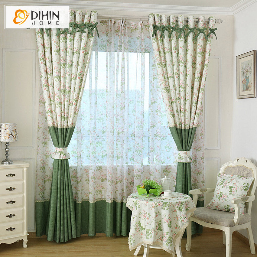 DIHINHOME Home Textile Pastoral Curtain DIHIN HOME Garden Small Flowers Cotton Linen Printed,Blackout Grommet Window Curtain for Living Room ,52x63-inch,1 Panel
