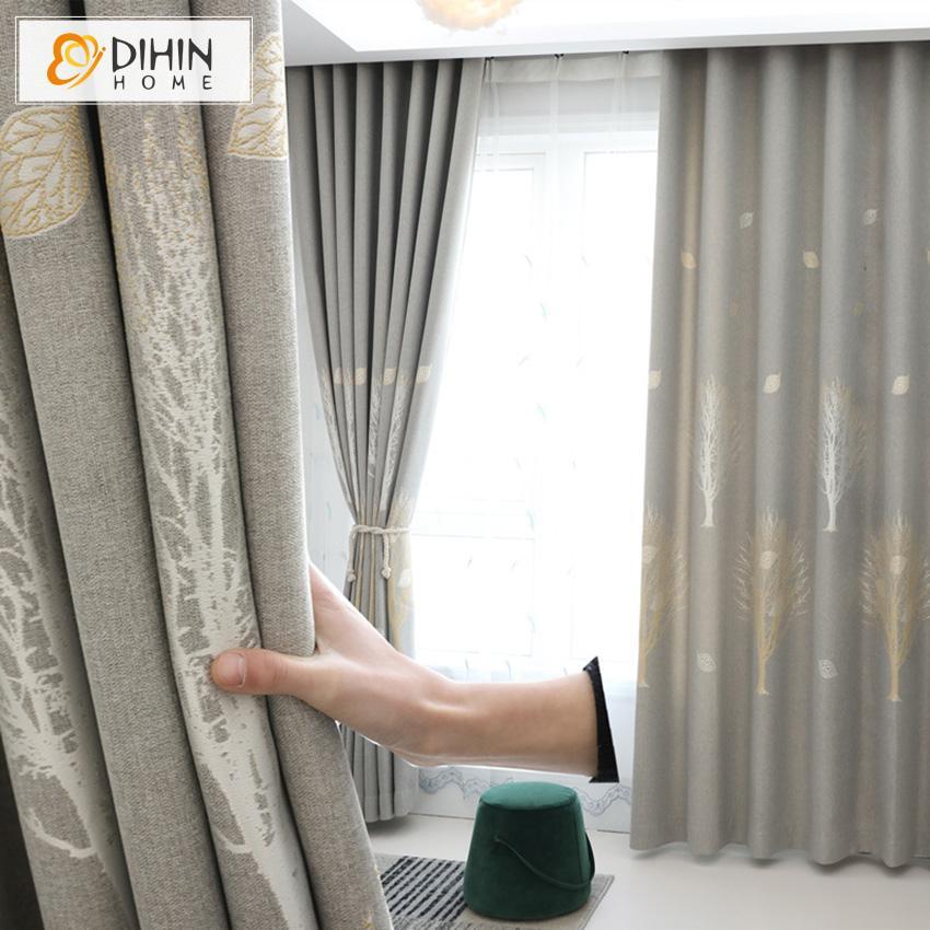 DIHIN HOME Garden Tree Embroidered Thickness Fabric,Blackout Grommet Window Curtain for Living Room ,52x63-inch,1 Panel