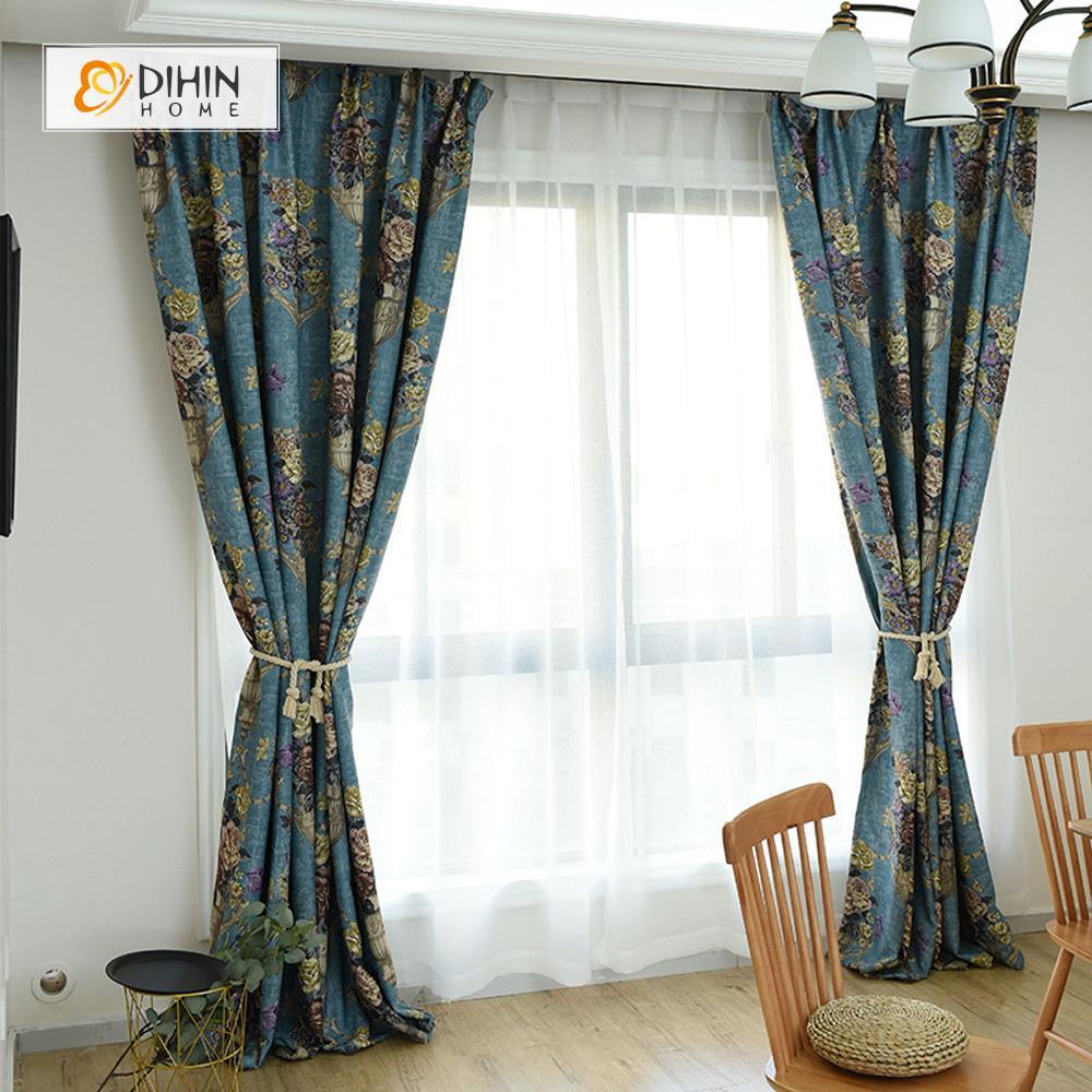 DIHINHOME Home Textile Pastoral Curtain DIHIN HOME Glass of Flowers Printed，Blackout Grommet Window Curtain for Living Room ,52x63-inch,1 Panel