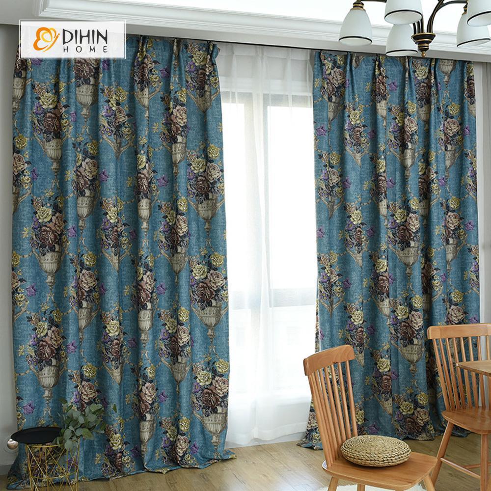 DIHINHOME Home Textile Pastoral Curtain DIHIN HOME Glass of Flowers Printed，Blackout Grommet Window Curtain for Living Room ,52x63-inch,1 Panel