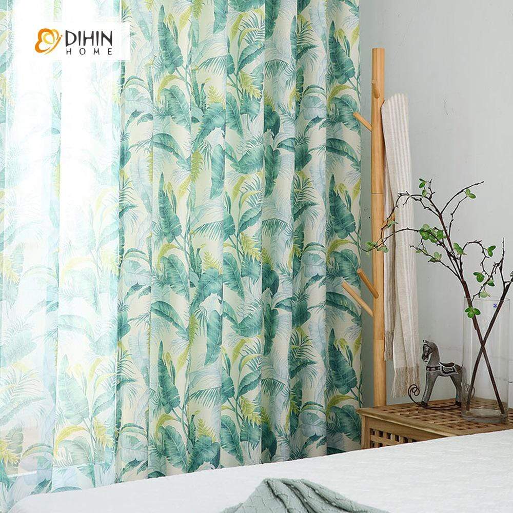DIHINHOME Home Textile Pastoral Curtain DIHIN HOME Green and Yellow Leaves Printed，Blackout Grommet Window Curtain for Living Room ,52x63-inch,1 Panel