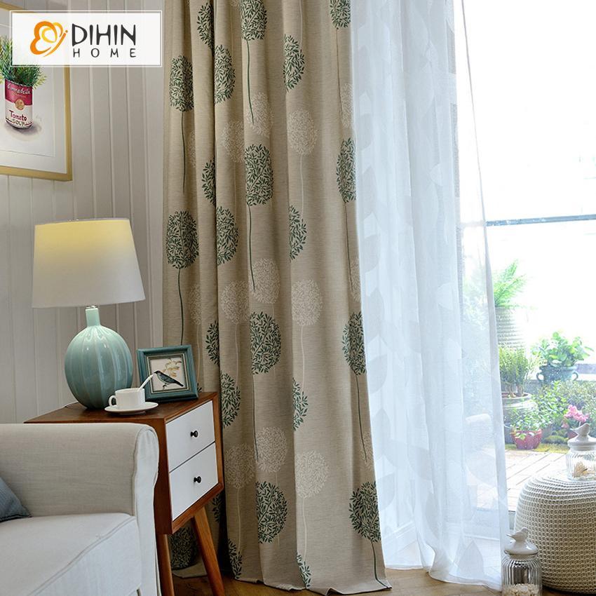 DIHINHOME Home Textile Pastoral Curtain DIHIN HOME Green Dandelion Printed,Blackout Grommet Window Curtain for Living Room ,52x63-inch,1 Panel