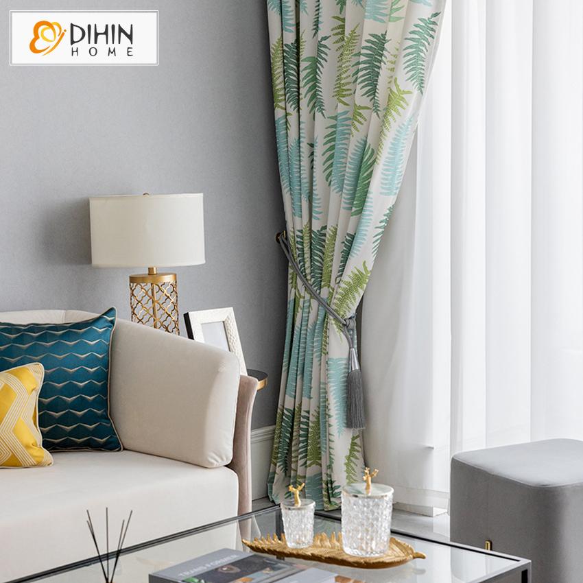 DIHIN HOME Green Fallen Leaves Printed Curtains ,Blackout Grommet Window Curtain for Living Room ,52x63-inch,1 Panel