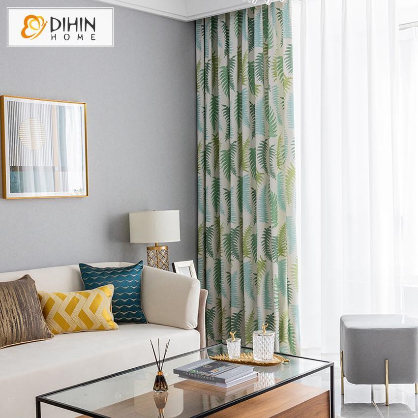 DIHIN HOME Green Fallen Leaves Printed Curtains ,Blackout Grommet Window Curtain for Living Room ,52x63-inch,1 Panel