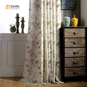 DIHINHOME Home Textile Pastoral Curtain DIHIN HOME Green Leaf Embroidered Curtain ,Cotton Linen ,Blackout Grommet Window Curtain for Living Room ,52x63-inch,1 Panel
