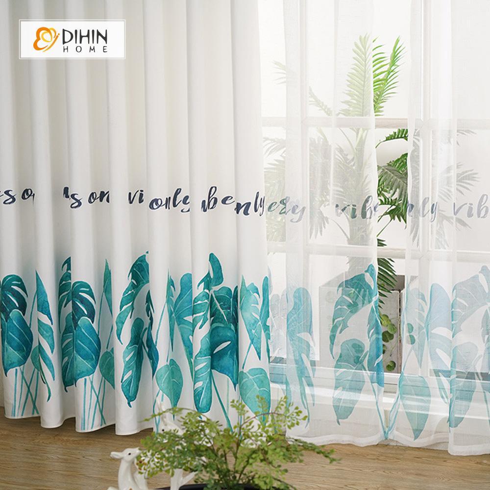 DIHINHOME Home Textile Pastoral Curtain DIHIN HOME Green Leaves and Words Printed，Blackout Grommet Window Curtain for Living Room ,52x63-inch,1 Panel