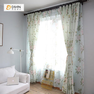 DIHINHOME Home Textile Pastoral Curtain DIHIN HOME Green Leaves Pink Flowers Printed，Blackout Grommet Window Curtain for Living Room ,52x63-inch,1 Panel