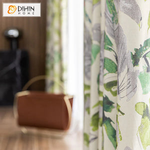 DIHINHOME Home Textile Pastoral Curtain DIHIN HOME Green Leaves Printed,Blackout Grommet Window Curtain for Living Room,1 Panel
