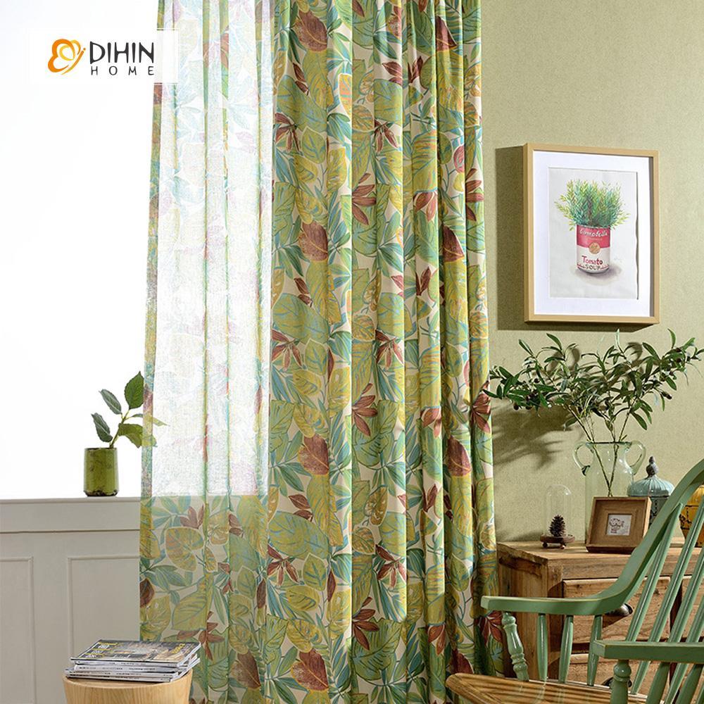 DIHINHOME Home Textile Pastoral Curtain DIHIN HOME Green Printed Banana Tree ,Cotton Linen ,Blackout Grommet Window Curtain for Living Room ,52x63-inch,1 Panel