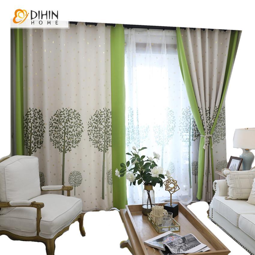 DIHINHOME Home Textile Pastoral Curtain DIHIN HOME Green Tree Golden Stars Printed,Blackout Grommet Window Curtain for Living Room ,52x63-inch,1 Panel
