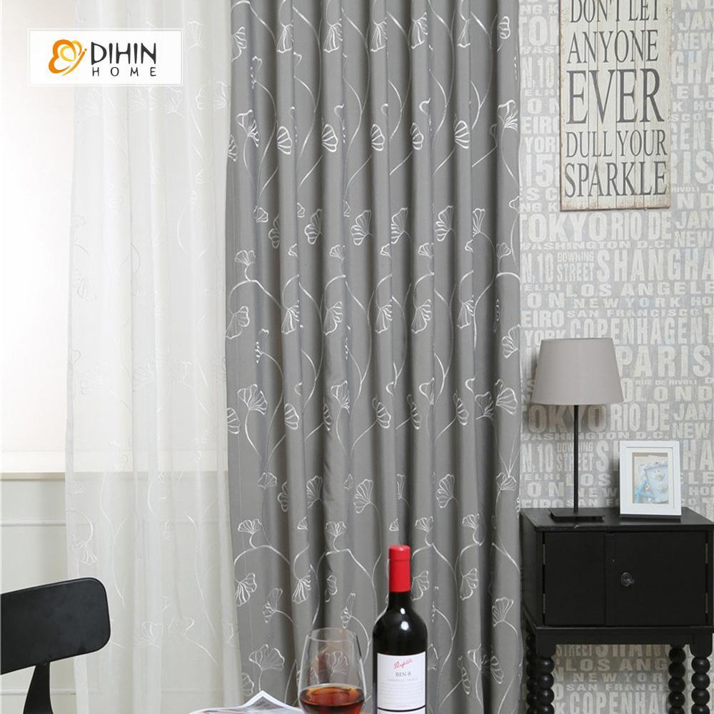 DIHINHOME Home Textile Pastoral Curtain DIHIN HOME Grey Ginkgo Flower Embroidered Curtain ,Cotton Linen ,Blackout Grommet Window Curtain for Living Room ,52x63-inch,1 Panel