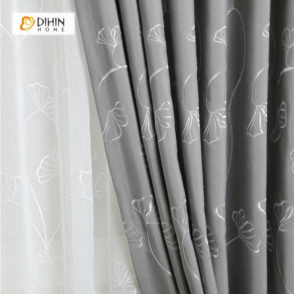 DIHINHOME Home Textile Pastoral Curtain DIHIN HOME Grey Ginkgo Flower Embroidered Curtain ,Cotton Linen ,Blackout Grommet Window Curtain for Living Room ,52x63-inch,1 Panel