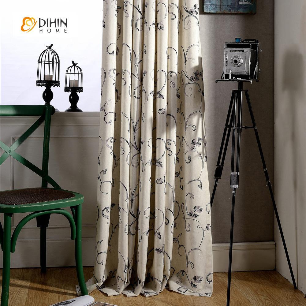 DIHINHOME Home Textile Pastoral Curtain DIHIN HOME Grey Leaf Embroidered Curtain ,Cotton Linen ,Blackout Grommet Window Curtain for Living Room ,52x63-inch,1 Panel