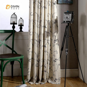 DIHINHOME Home Textile Pastoral Curtain DIHIN HOME Grey Leaf Embroidered Curtain ,Cotton Linen ,Blackout Grommet Window Curtain for Living Room ,52x63-inch,1 Panel