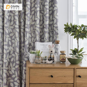 DIHINHOME Home Textile Pastoral Curtain DIHIN HOME Grey Leaves Printed，Blackout Grommet Window Curtain for Living Room ,52x63-inch,1 Panel