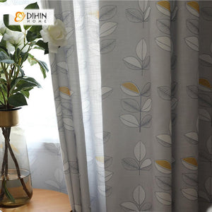 DIHINHOME Home Textile Pastoral Curtain DIHIN HOME Grey Leaves Printed Curtain，Blackout Grommet Window Curtain for Living Room ,52x63-inch,1 Panel
