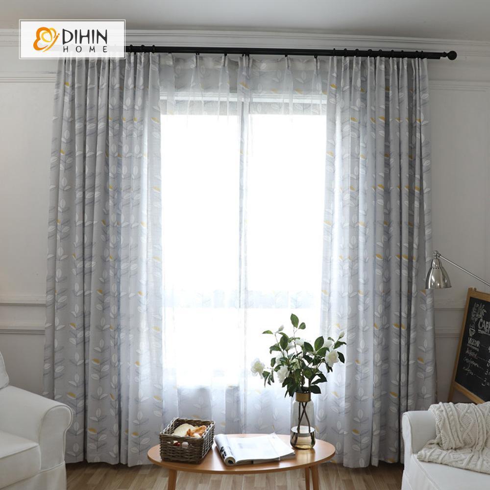 DIHINHOME Home Textile Pastoral Curtain DIHIN HOME Grey Leaves Printed Curtain，Blackout Grommet Window Curtain for Living Room ,52x63-inch,1 Panel