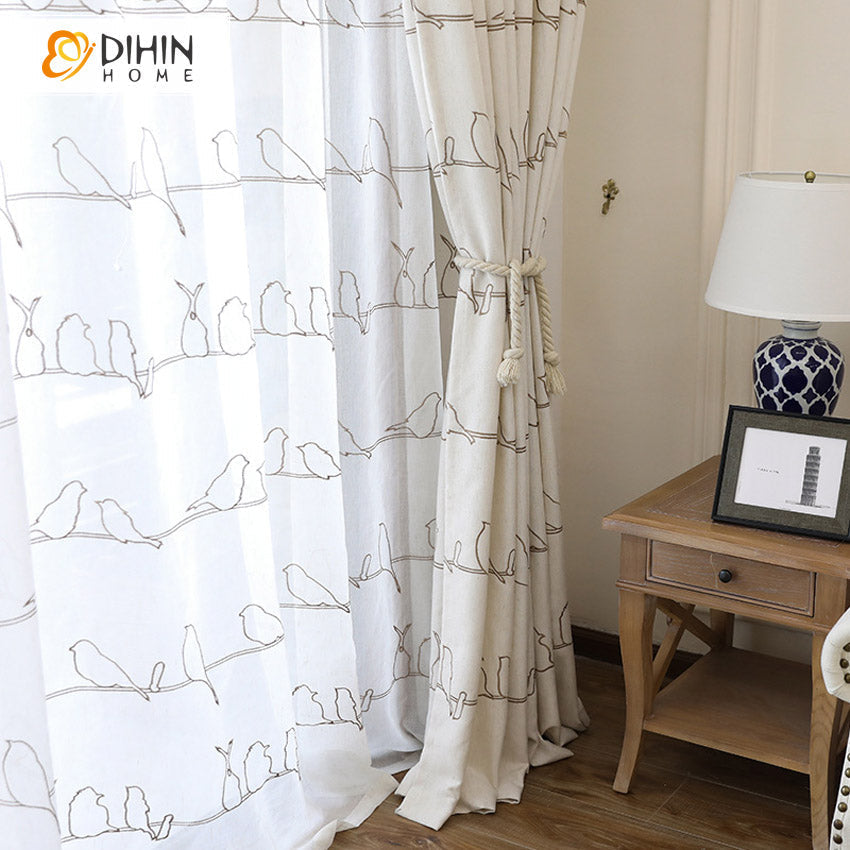 DIHINHOME Home Textile Pastoral Curtain DIHIN HOME Hand-painted Cotton Linen Bird Printing Curtains,Grommet Window Curtain for Living Room ,52x63-inch,1 Panel