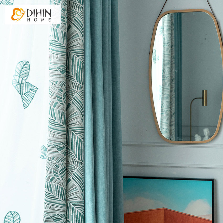 DIHINHOME Home Textile Pastoral Curtain DIHIN HOME High Quality Abstract Leaves Embroidered,Blackout Grommet Window Curtain for Living Room,1 Panel