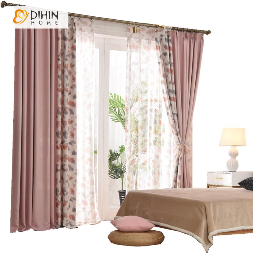 DIHINHOME Home Textile Pastoral Curtain DIHIN HOME High Quality Pink Color Ginkgo Biloba Printed,Blackout Grommet Window Curtain for Living Room ,52x63-inch,1 Panel
