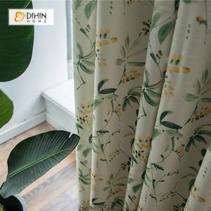 DIHINHOME Home Textile Pastoral Curtain DIHIN HOME High Quality Thickness Leaf Printed Curtains ,Cotton Linen ,Blackout Grommet Window Curtain for Living Room ,52x63-inch,1 Panel