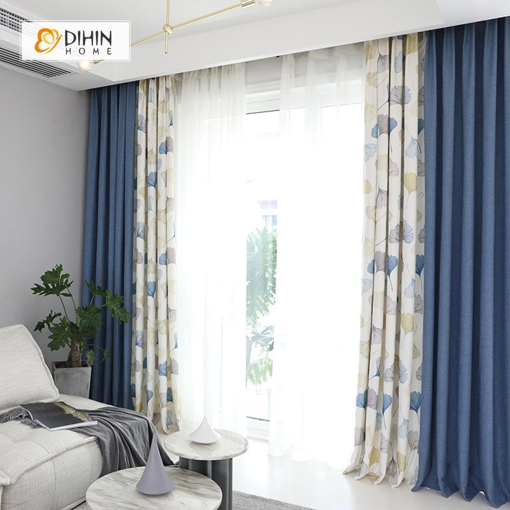 DIHINHOME Home Textile Pastoral Curtain DIHIN HOME Leaves and Blue Printed，Blackout Grommet Window Curtain for Living Room ,52x63-inch,1 Panel
