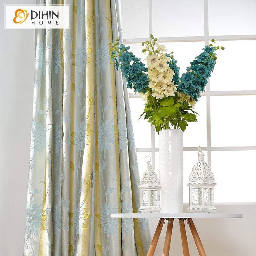 DIHINHOME Home Textile Pastoral Curtain DIHIN HOME Luxurious Light Blue Flowers Printed,Blackout Grommet Window Curtain for Living Room ,52x63-inch,1 Panel