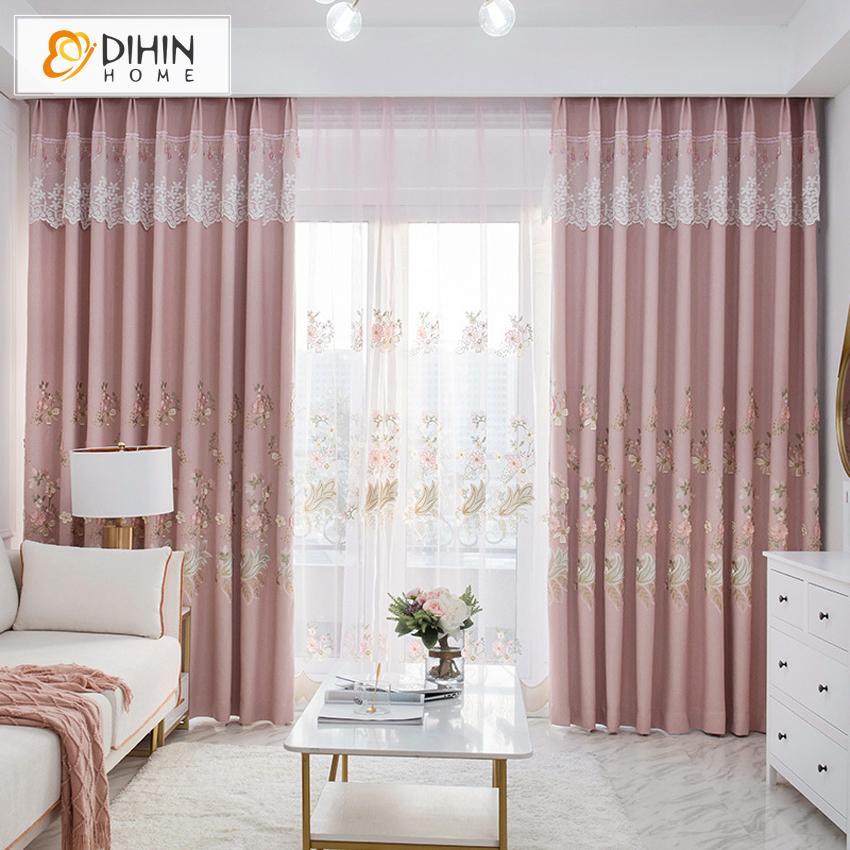 DIHIN HOME Luxury Emboridered Pink Color Curtains,Blackout Grommet Window Curtain for Living Room ,52x63-inch,1 Panel