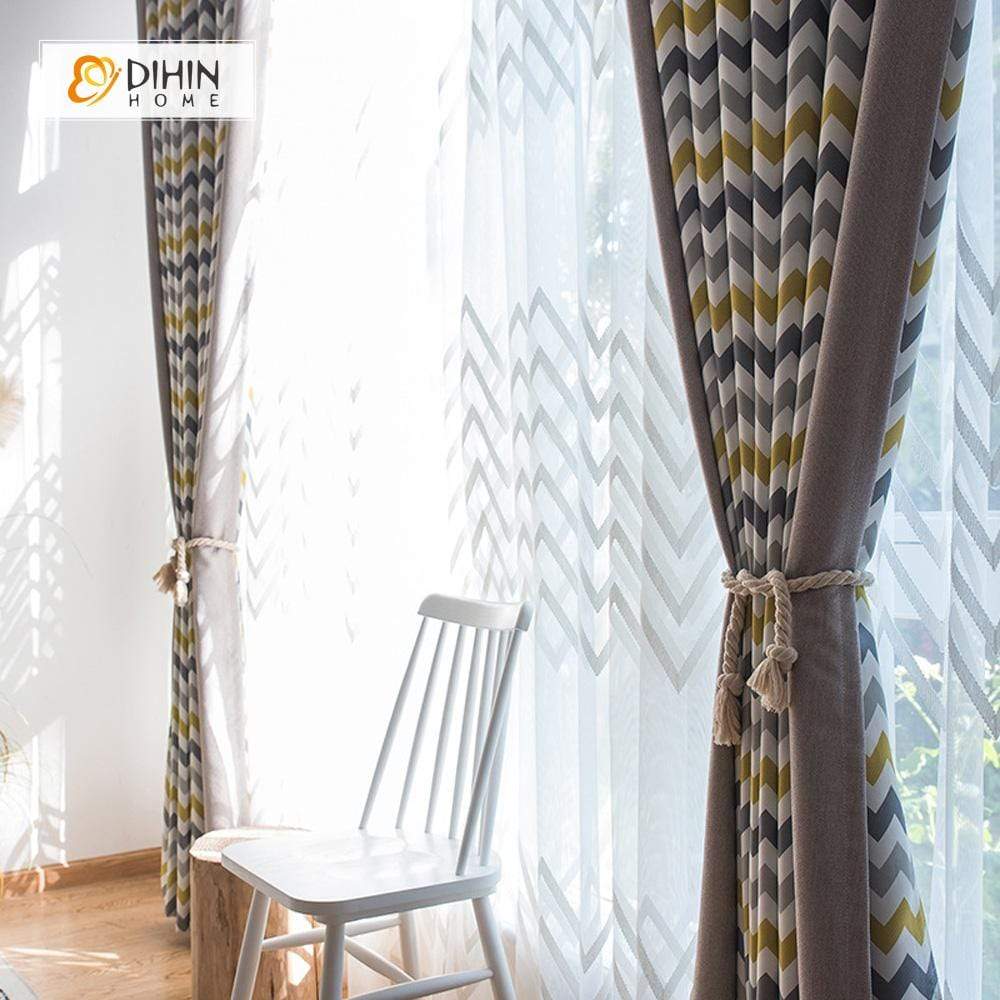 DIHINHOME Home Textile Pastoral Curtain DIHIN HOME Modern Striped Spliced Curtains，Blackout Grommet Window Curtain for Living Room ,52x63-inch,1 Panel