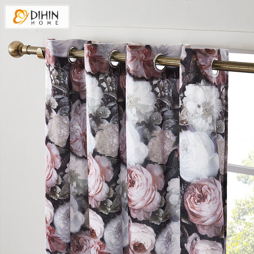 DIHINHOME Home Textile Pastoral Curtain DIHIN HOME Modern Vintage Abstract Flowers Printed,Blackout Grommet Window Curtain for Living Room ,52x63-inch,1 Panel