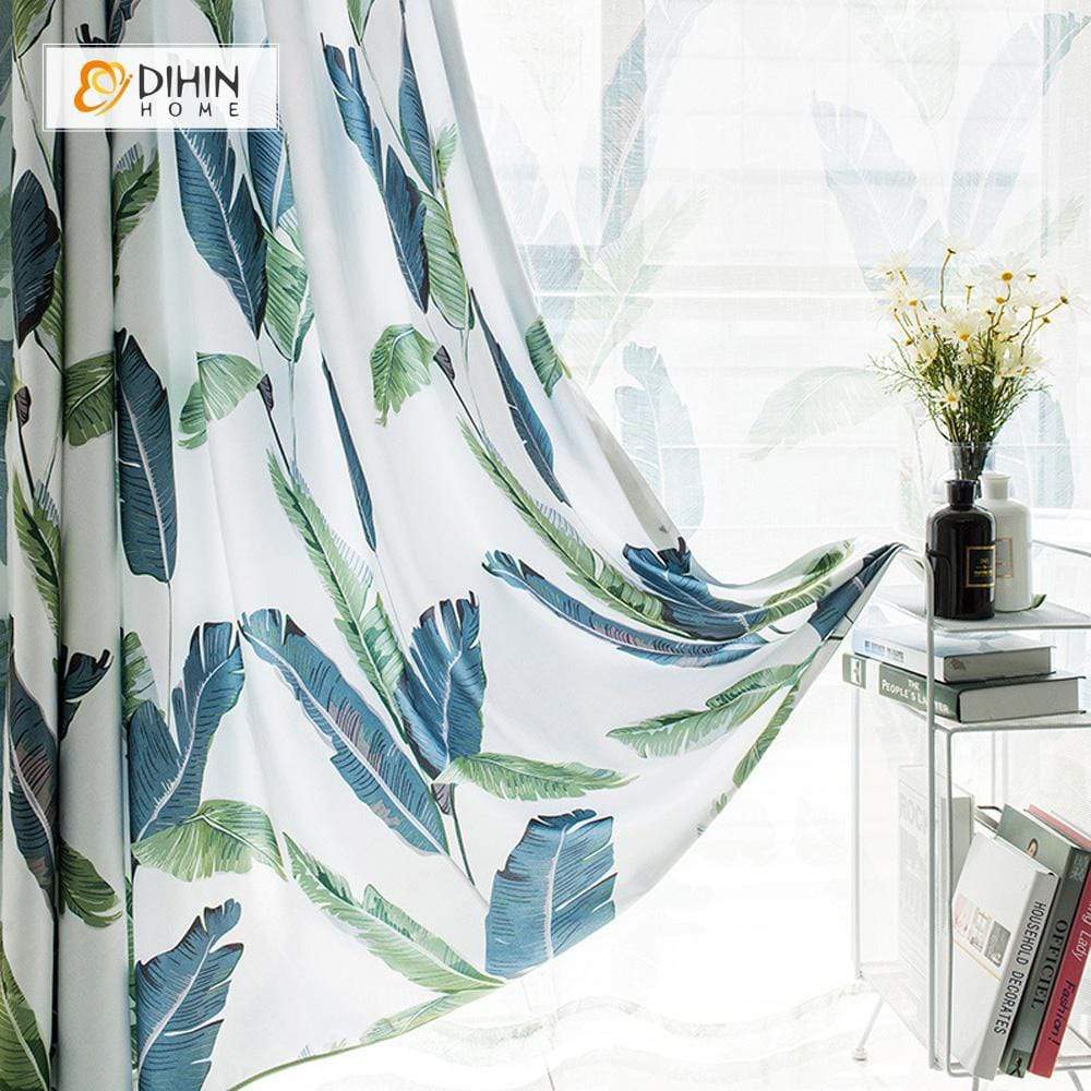 DIHINHOME Home Textile Pastoral Curtain DIHIN HOME Neat Blue and Green Leaves Printed，Blackout Grommet Window Curtain for Living Room ,52x63-inch,1 Panel