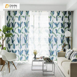 DIHINHOME Home Textile Pastoral Curtain DIHIN HOME Neat Blue and Green Leaves Printed，Blackout Grommet Window Curtain for Living Room ,52x63-inch,1 Panel