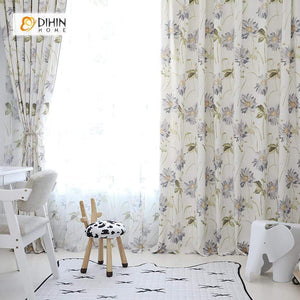 DIHINHOME Home Textile Pastoral Curtain DIHIN HOME Pale Flowers Printed ,Cotton Linen ,Blackout Grommet Window Curtain for Living Room ,52x63-inch,1 Panel