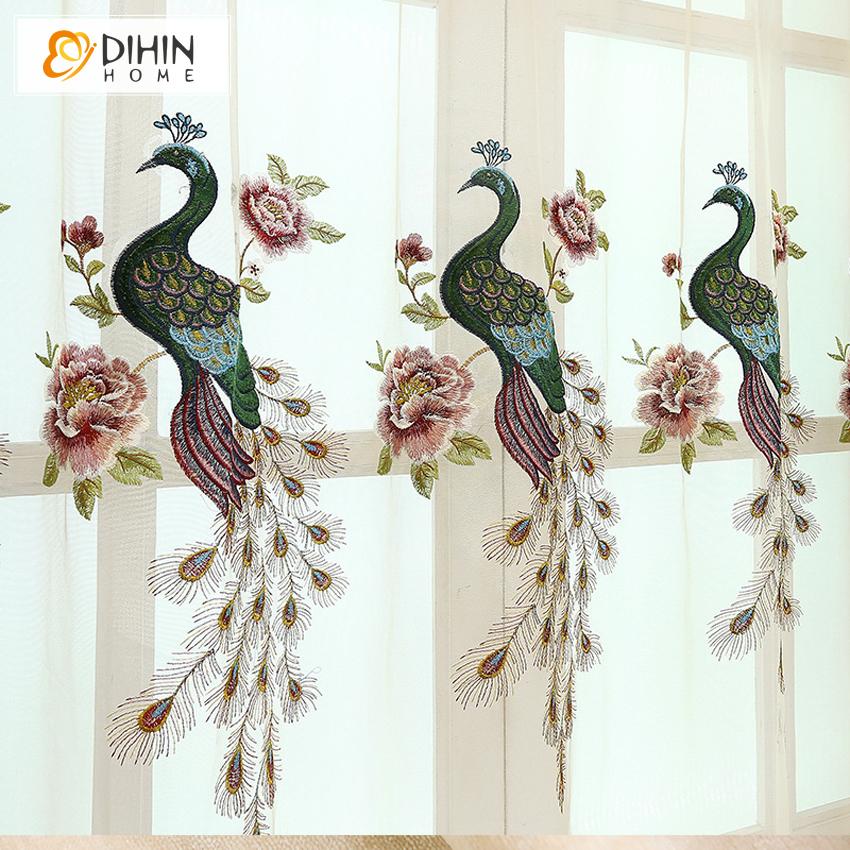 DIHIN HOME Pastoral Beige Peacock Embroidered Curtain Luxury Valance ,Blackout Curtains Grommet Window Curtain for Living Room ,52x84-inch,1 Panel