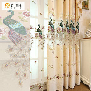 DIHIN HOME Pastoral Beige Peacock Embroidered Curtain Luxury Valance ,Blackout Curtains Grommet Window Curtain for Living Room ,52x84-inch,1 Panel