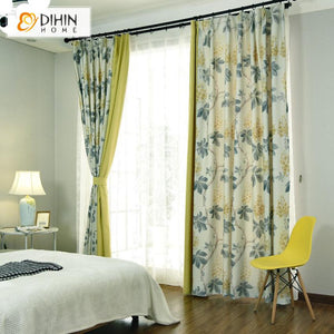 DIHINHOME Home Textile Pastoral Curtain DIHIN HOME Pastoral Big Leaves Printed Curtains With Yellow Fabric,Blackout Grommet Window Curtain for Living Room ,52x63-inch,1 Panel