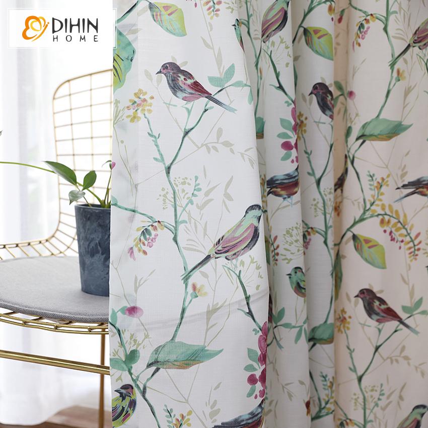 DIHINHOME Home Textile Pastoral Curtain DIHIN HOME Pastoral Bird and Flower Printed,Blackout Grommet Window Curtain for Living Room ,52x63-inch,1 Panel