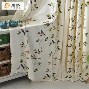 DIHIN HOME Pastoral Bird and Leaves Printed Curtains ,Blackout Grommet Window Curtain for Living Room ,52x63-inch,1 Panel