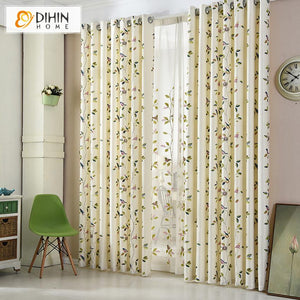 DIHIN HOME Pastoral Bird and Leaves Printed Curtains ,Blackout Grommet Window Curtain for Living Room ,52x63-inch,1 Panel